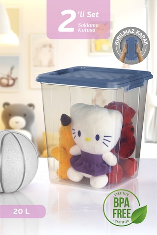 2'li Megabox 20l Saklama Kabı - Kilitli Kapaklı Çok Amaçlı Düzenleyici Kiler Depolama Oyuncak Kutusu Mavi