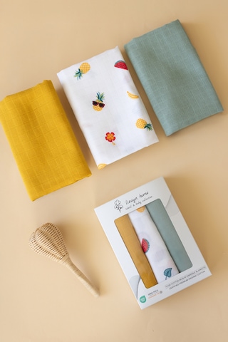 Çok Amaçlı Müslin Örtü & Battaniye 3'lü Set Pamuk Oeko-teks Sertifikalı 80x80 CM Beyaz - Hardal