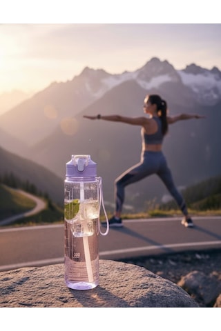 Mor, Şeffaf Pipetli Matara 900 Ml, Sızdırmaz Kapaklı Suluk