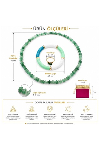 Aventurin Doğal Taş Takı Seti Kolye Bileklik Ayarlanabilir Yüzük Ve Kadife Kese Altın