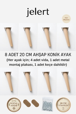 Konik Masif Gürgen Mobilya Ayağı 20 Cm Metal Montaj Aparatlı, Robot Süpürge Uyumlu Koltuk Kanepe Tv Ünitesi Baza Yükseltme Ayağı Ham/boyasız 8'li Krem