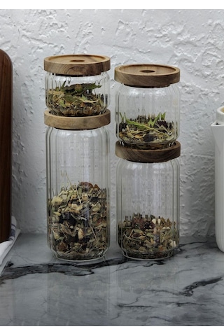 Timber Cam Kavanoz Seti - Çizgili 4'lü Saklama Kavanozu Takımı - Ahşap Kapaklı, 8 Parça