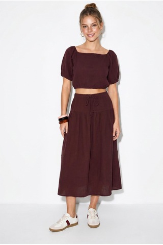 Shade Kadın Balon Kollu Crop Bluz Bağlama Detaylı Pamuklu Müslin Etek Takım Yc2728 60286287 - Mürdüm