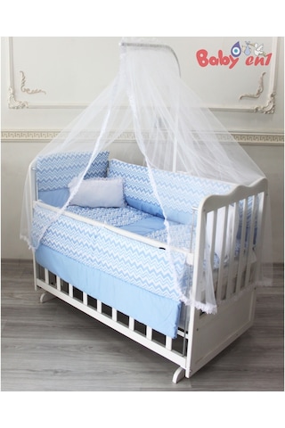 Babyen1 Zigzag Mavi Bebek Beşik Uyku Seti Anne Yanı %100Pamuk