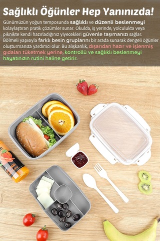 2 Katlı Kilitli Kapak Yemek Kabı - Bölmeli Lunch Box Diyet Beslenme Kutusu Sosluk Çatal Kaşık Gri