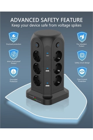 Kule Tipi Priz - Avrupa Standardı - 2 Type-c Portlu - 2 Metre Kablolu - 12 Yuvalı Um46021-1 Yurt Dışından 2 Metre