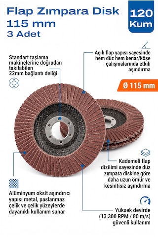 115 Mm Flap Zımpara Diski 120 Kum 3 Adet Açılı Metal Taşlama Ucu