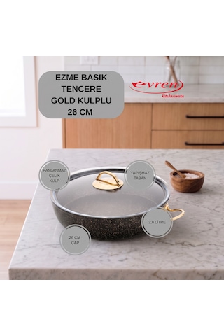 20 Cm Goldstone Ezme Seri Granit Basık Tencere, Non-stick Pilav Karnıyarık Tenceresi 1,7 Lt Çelik Kulp 26 Cm