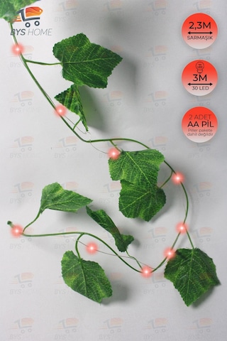 Dekoratif Yeşil Yapraklı 230 Cm Yapay Sarmaşık Ve 300 Cm Peri Led Pembe Renk - Kırmızı Kırmızı