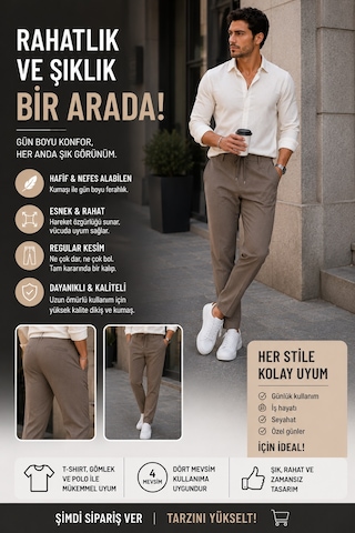Luxıc Core Erkek Keten Karışımlı Casual Pantolon Rahat Kalıp Şık Tasarım Kahverengi