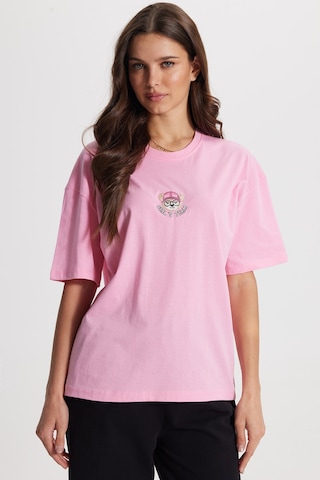 Tudors Kadın Oversize Geniş Kesim %100 Pamuk Bisiklet Yaka Kısa Kollu Baskıllı Pembe Tişört -50801