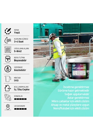 Alkoru 5 Kg Yeşil Likit Membran Renkli Reçine Esaslı