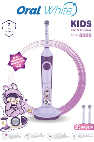 Oral White Professional Series 8000 Çocuklara Özel Şarjlı Diş Fırçası Mor Color Kids Yumuşak Başlık