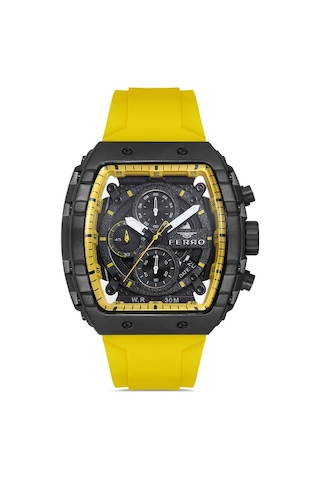 Ferro Fm11001d-y Quartz Sarı Silikon Kordon 43 Mm Erkek Kol Saati Siyah