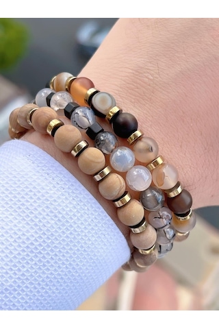 Nursaat Doğal Taş Özel Kombin Kurvas Ve Ay Taşı Doğal Unisex Enerji Bilekliği Blkt.ns01 3 Adet Çok Renkli