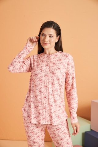 Pjs Kadın Düğmeli Yaka Çiçek Desenli Uzun Kollu Pijama Takım Pembe
