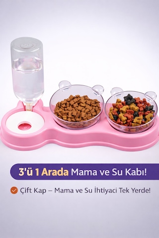 Petesia Çift Hazneli 3 Lü Kedi Ve Köpek Mama & Su Kabı Otomatik Su Hazneli, 500 Ml