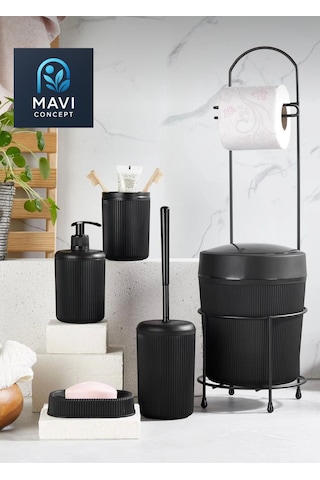 6 Parça Banyo Seti Çöp Kovalı Tuvalet Kağıtlığı-tuvalet Fırçası-sıvı Ve Katı Sabunluk-diş Fırçalık Siyah