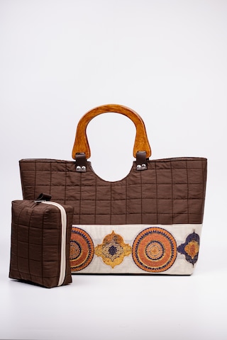 Fabric Craft Bag Ahşap Saplı El Çantası Kahverengi Kapitone 46x30 Cm Kahverengi
