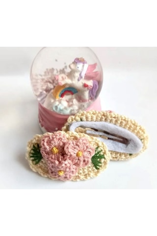Çocuk Üç Çiçekli Amigurumi Örgü Toka Bej Tek Ebat Çok Renkli