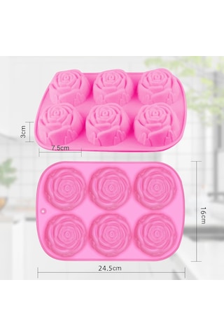 Geeroyoo Gıda Kalitesi Gül Şekilli Silikon Kalıp Seti 3'lü - Fırın/mikrodalga/dondurucuya Uygun, 6 Kaviteli, Pasta/bisküvi/buz Küpü/yumuşak Şeker İçin Pembe