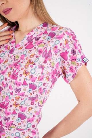 Unisex Pembe Prenses Desenli Likralı Scrubs Hemşire Doktor Hastane Üst Üniforması Pembe