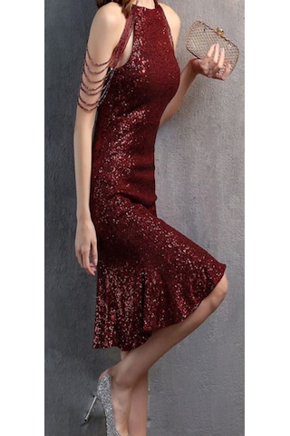 Hanife Glam Couture Hanife Glam Boncuk Detaylı Pulpayet Abiye Elbise Bordo