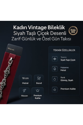 Kadın Vintage Bileklik Siyah Taşlı Çiçek Desenli Zarif Günlük Ve Özel Gün Takısı Siyah - Gümüş