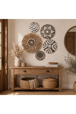 Momiko Beyaz 5li El Yapımı Hasır Duvar Tabağı Seti