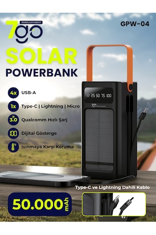 7go Gpw-04 50.000mah Solar Powerbank 4xusb-a, Qualcomm 3.0 Şarj Dahili Lightning & Usb-c Ka Siyah