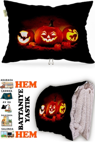 Bal Kabağı Helloween Desen Baskılı Tv Battaniyeli Opsiyonel Dekoratif Hediye Yastık Battaniye 2in1 Çok Renkli