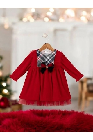 Cantoy Kız Bebek Ekose Desenli Kırmızı Kadife Tasarım Elbise-15221 Kırmızı