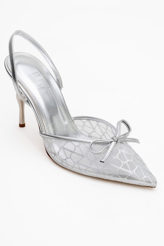 Luvishoes Luvi Shoes Peony Gümüş Fileli Fiyonklu Sivri Burun Kadın Topuklu Ayakkabı Gümüş