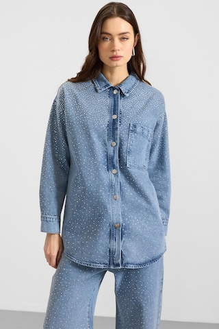 Olcay Taş Bezeli Ceket Pantolon Denim İkili Takım Açık Mavi 9387-tk