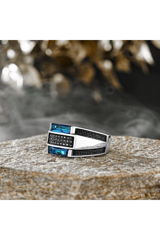 Modasilvers 925 Ayar Gümüş Mavi Baget Taşlı Erkek Yüzük (547569555)