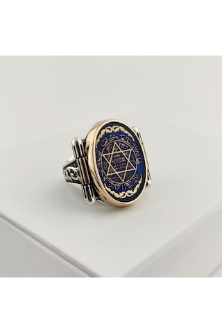 925 Ayar Gümüş Mavi Mineli Motifli Mührü Süleyman Erkek Yüzük Silver