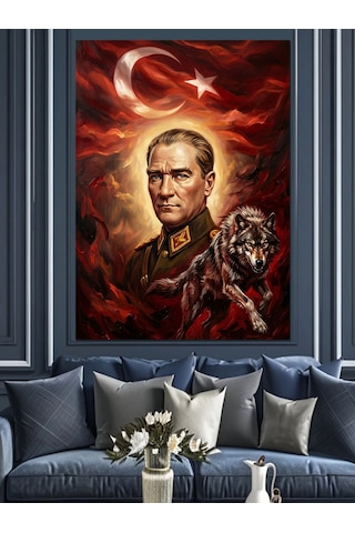 Atatürk Ve Bozkurt Türk Bayrağı Dekoratif Kanvas - Mdf Ahşap Tablo