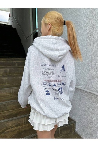 Staylish Tasarım Sweatshirt - Gri Baskılı Oversize Kalın Kışlık Kapüşonlu Gri