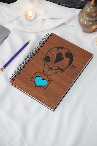 Balon Desenli Ahşap Kapaklı Defter - Ajanda - A5 Çizgisiz Defter Ahşap Rengi Ceviz Mavi