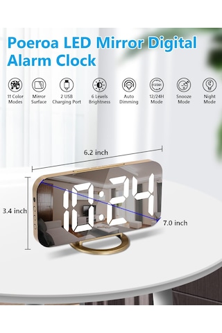 Dijital Çalar Saat, 7 İnç Led Aynalı Saatler Büyük Ekran, 2 Usb Şarj Portu İle, Otomatik Kısma, Gece Modu, Yatak Çok Renkli