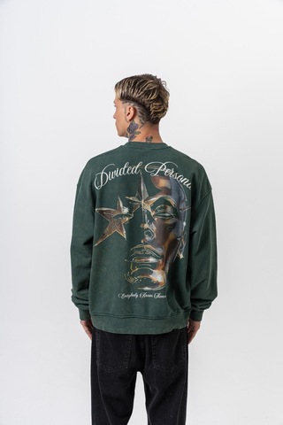 Respire Erkek Divided Baskılı Yıkamalı Bisiklet Yaka Oversize Sweatshirt Yeşil