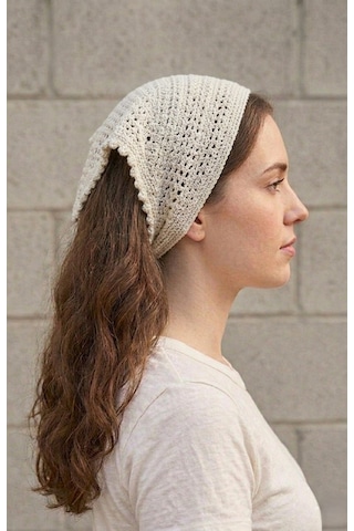 Mavi Renkli File Model Bandana, El Yapımı Örgü Bandana krem