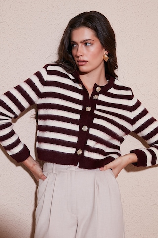 Lela Çizgili Oversize Fit Bisiklet Yaka Düğmeli Crop Triko Bayan Hırka 4615567 Bordo