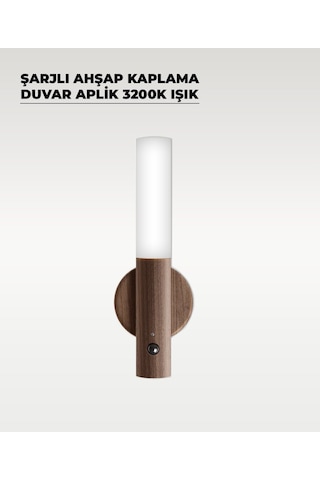 Şarjlı Sensörlü Duvar Apliği Ahşap Kaplama Mıknatıslı, Usb Type-c Şarjlı, 3200k Sıcak Işık, Akıllı Hareket Sensörlü Led Kahverengi