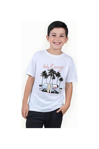 Panios Kids Summer Van Baskılı Erkek Çocuk Yuvarlak Yaka Kısa Kollu T-shirt Beyaz