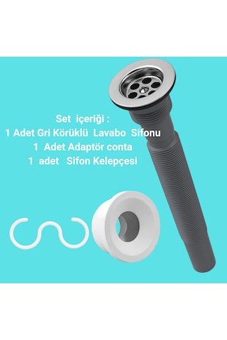 Gri Körüklü Lavabo Sifon Seti Adaptör Conta + Sifon Kelepçesi D