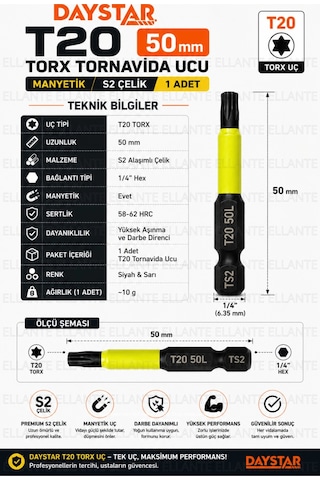 T20 Torx Tornavida Ucu 50 Mm Manyetik S2 Çelik 1/4" Hex Vidalama Ucu 1 Adet Yüksek Kalite