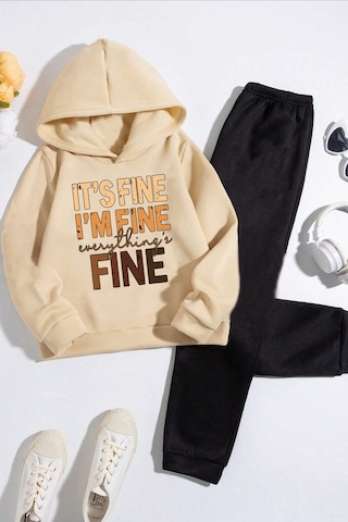Çocuk Fine Baskılı Eşofman Takımı Bej