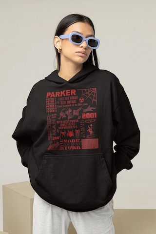 Sevbano Parker Spider-man Baskılı Unisex Oversize Örümcek Adam Hoodie Siyah