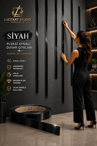 Lucitart Studio 5 Adet 5cmx120cm 1mm Kalınlığında Kendinden Yapışkanlı Pleksi Aynalı Duvar Çıtası 9 Renk Seçeneği Dekoratif Duvar, Kapı, Tv Ünitesi Ve Mobilya Çıtası Siyah